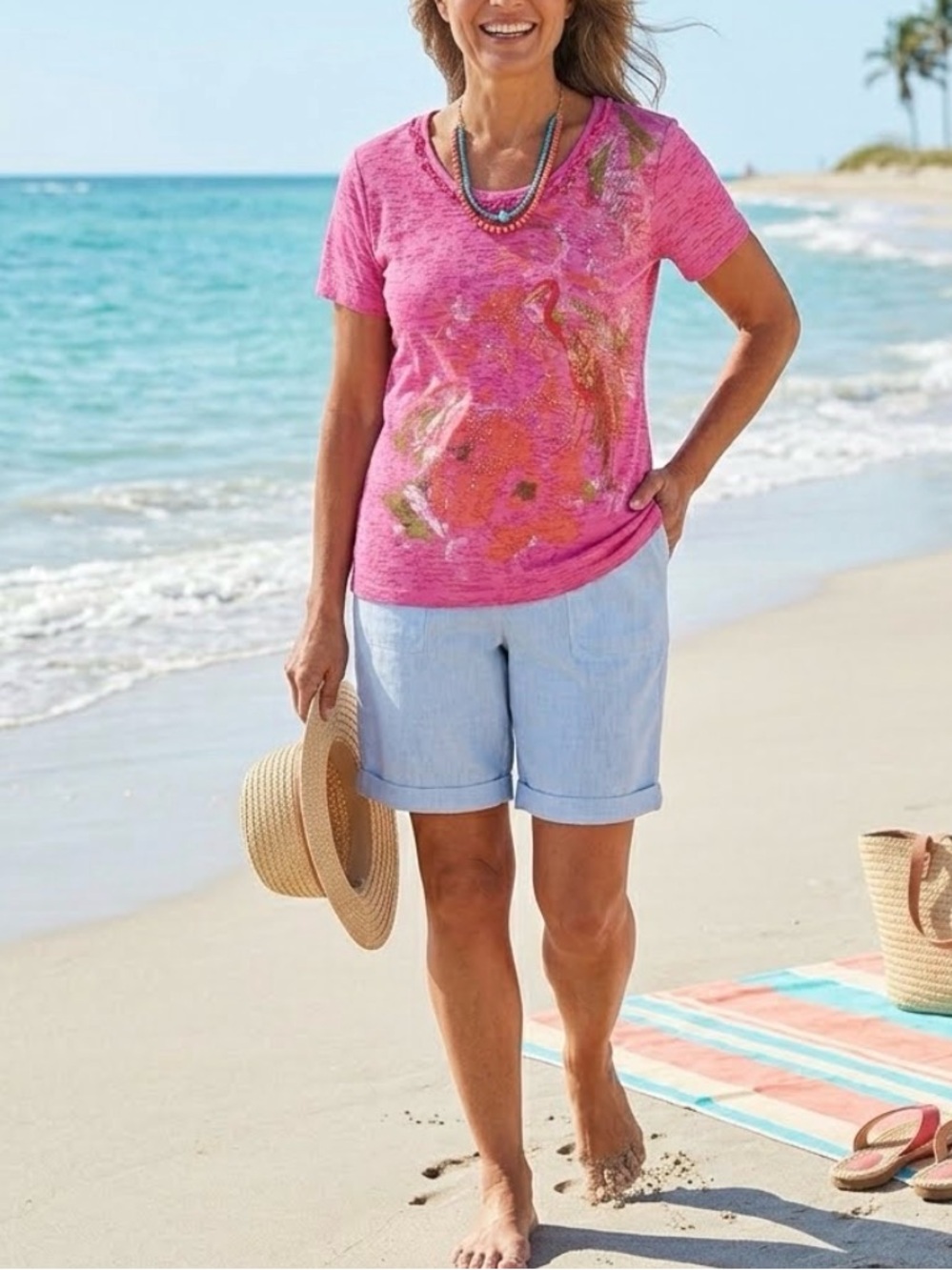 Coral Bay Pink Burnout Flamingo Rhinestone Ruffle Neck T-Shirt - Size 0241